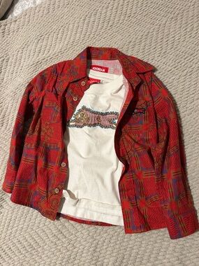 Icecream Red Multicolor Wave-Print Button Jacket with White Tiger Tee